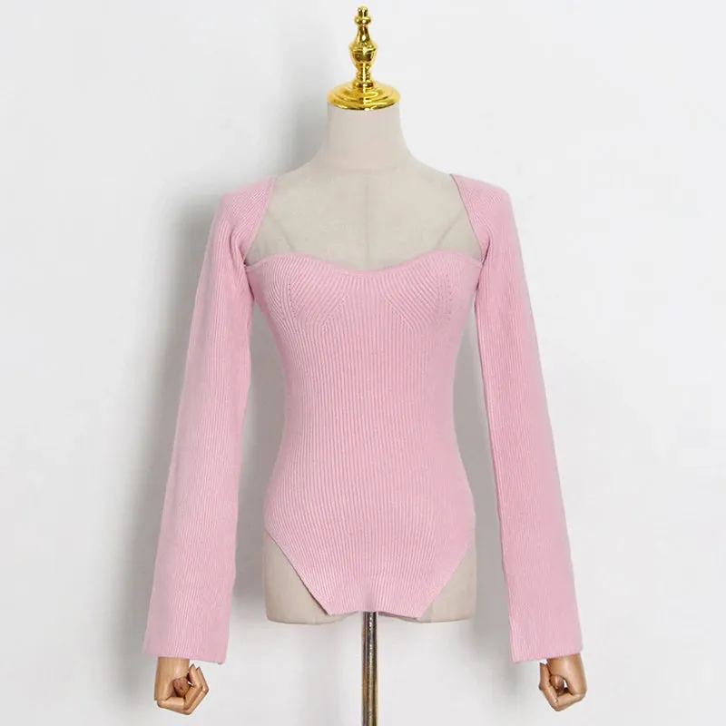 White Side Split Knitted Women's Top Sweater Square Collar Long Sleeve Off Shoulder Sweaters