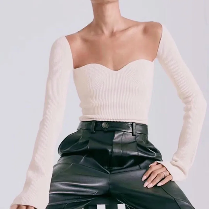 White Side Split Knitted Women's Top Sweater Square Collar Long Sleeve Off Shoulder Sweaters