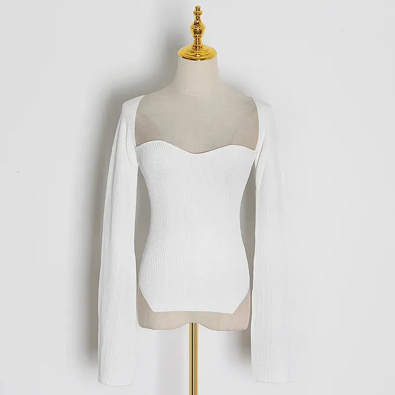 White Side Split Knitted Women's Top Sweater Square Collar Long Sleeve Off Shoulder Sweaters