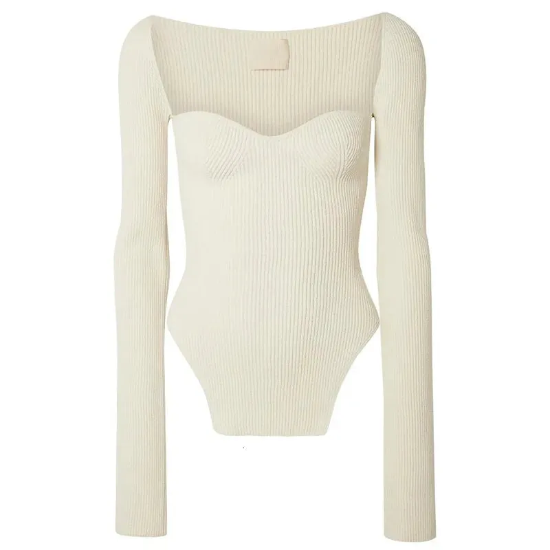 White Side Split Knitted Women's Top Sweater Square Collar Long Sleeve Off Shoulder Sweaters