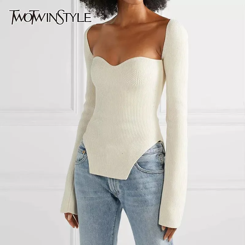 White Side Split Knitted Women's Top Sweater Square Collar Long Sleeve Off Shoulder Sweaters