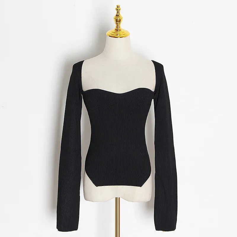 White Side Split Knitted Women's Top Sweater Square Collar Long Sleeve Off Shoulder Sweaters