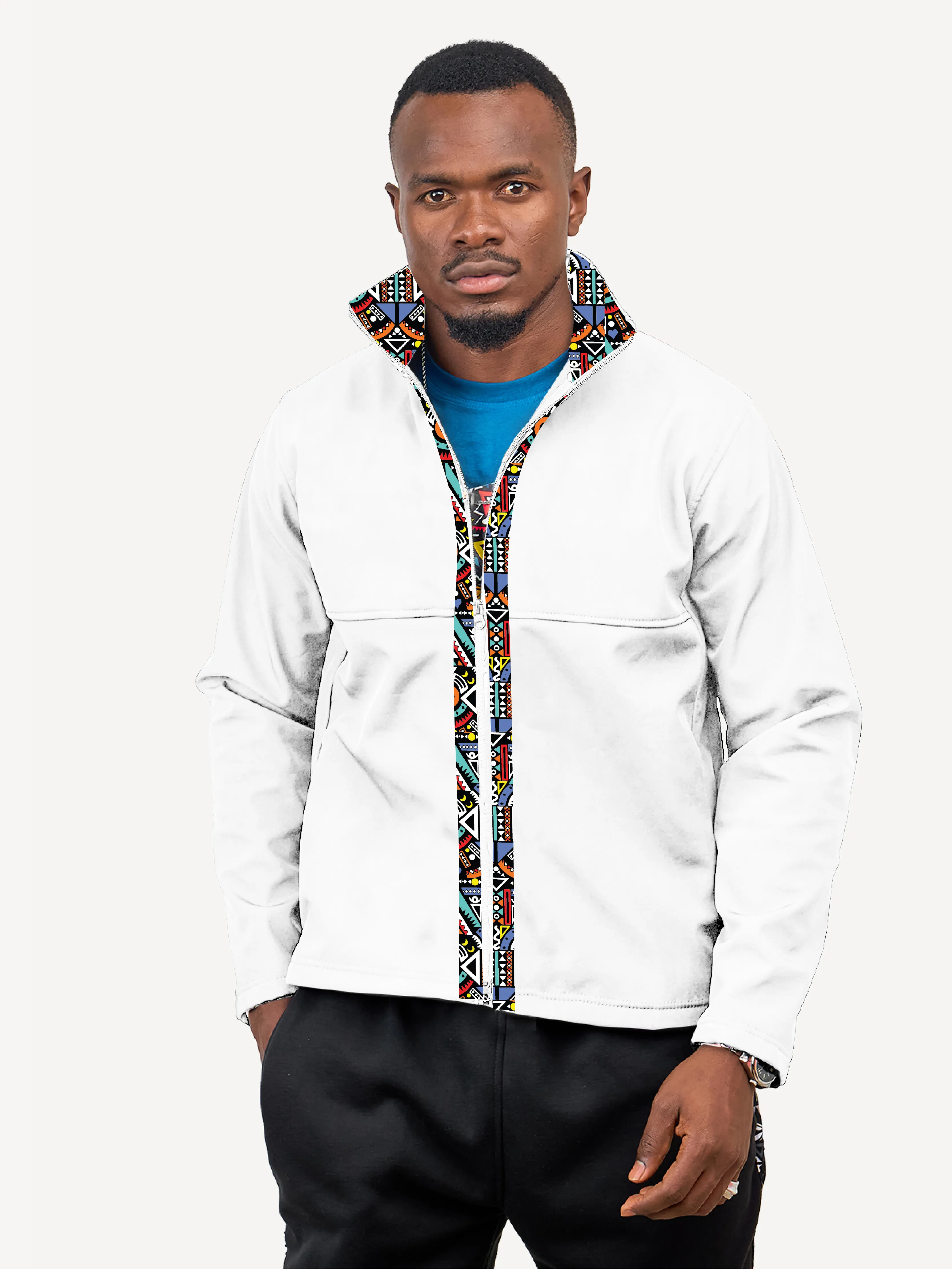 White with Blue Tribal Mens Softshell Jacket: Full Sleeve