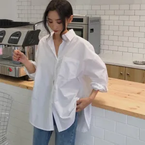 Women Shirts White Plain Loose Oversized Blouses Female Tops Loose BF Korean Style Pockets