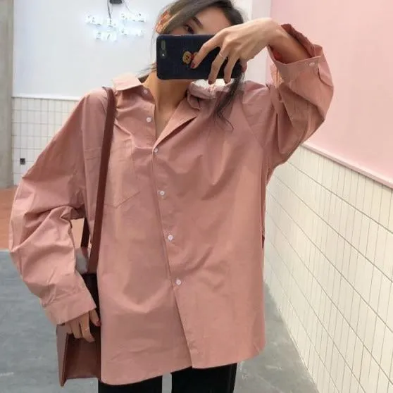Women Shirts White Plain Loose Oversized Blouses Female Tops Loose BF Korean Style Pockets