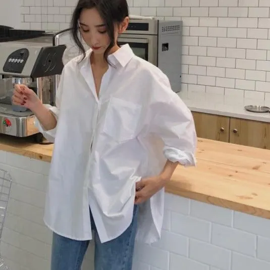Women Shirts White Plain Loose Oversized Blouses Female Tops Loose BF Korean Style Pockets