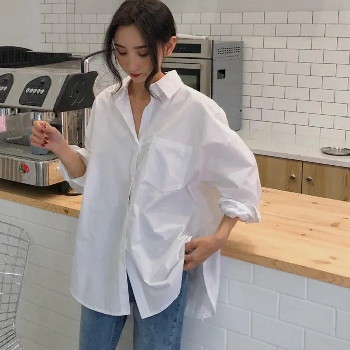 Women Shirts White Plain Loose Oversized Blouses Female Tops Loose BF Korean Style Pockets