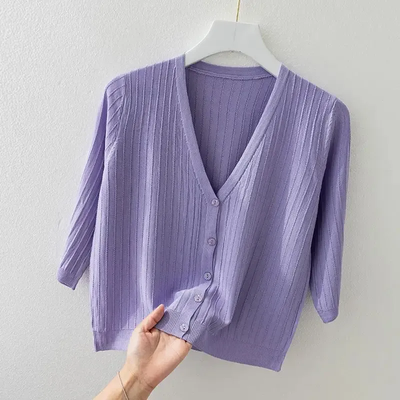 Women Solid Knitted Sweaters Coats Spring Summer Half Sleeve V-neck Korean Casual All-match Short Slim Cardigan Sweater