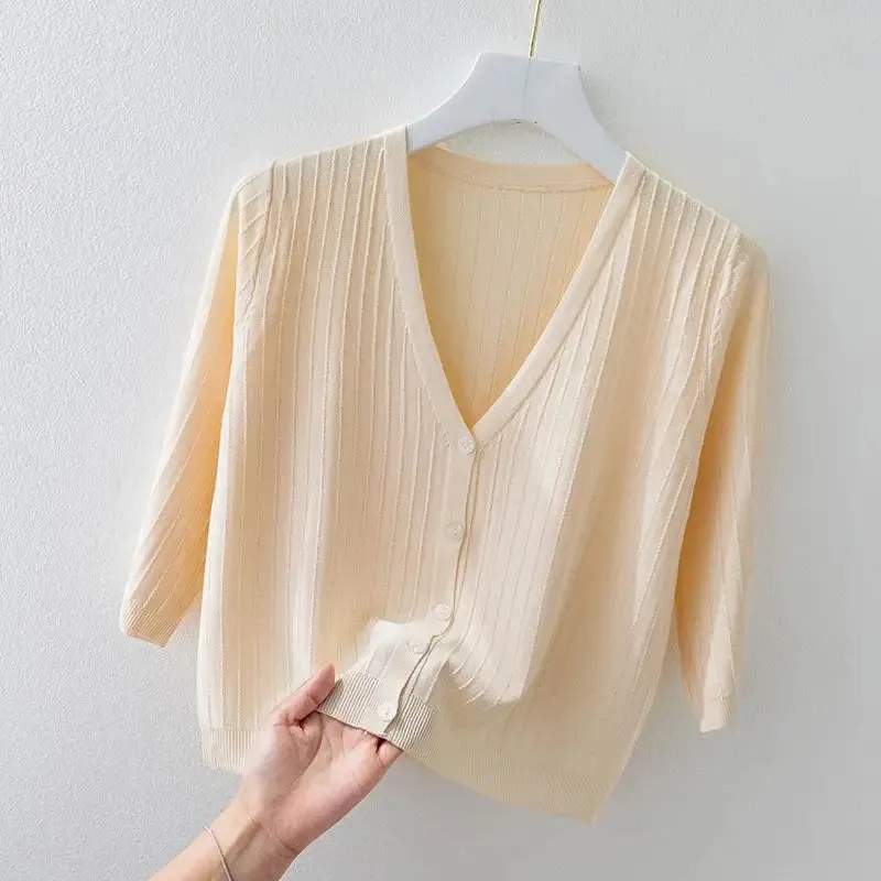 Women Solid Knitted Sweaters Coats Spring Summer Half Sleeve V-neck Korean Casual All-match Short Slim Cardigan Sweater