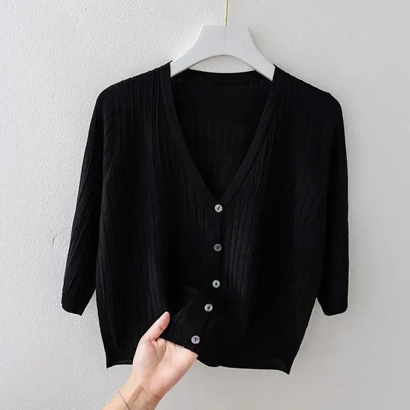 Women Solid Knitted Sweaters Coats Spring Summer Half Sleeve V-neck Korean Casual All-match Short Slim Cardigan Sweater