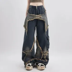 Women's Distressed Blue Jeans Contrasting Colors High Waist American Streetwear Wide Leg Pants Hip Hop Fashion Vintage Straight Trousers