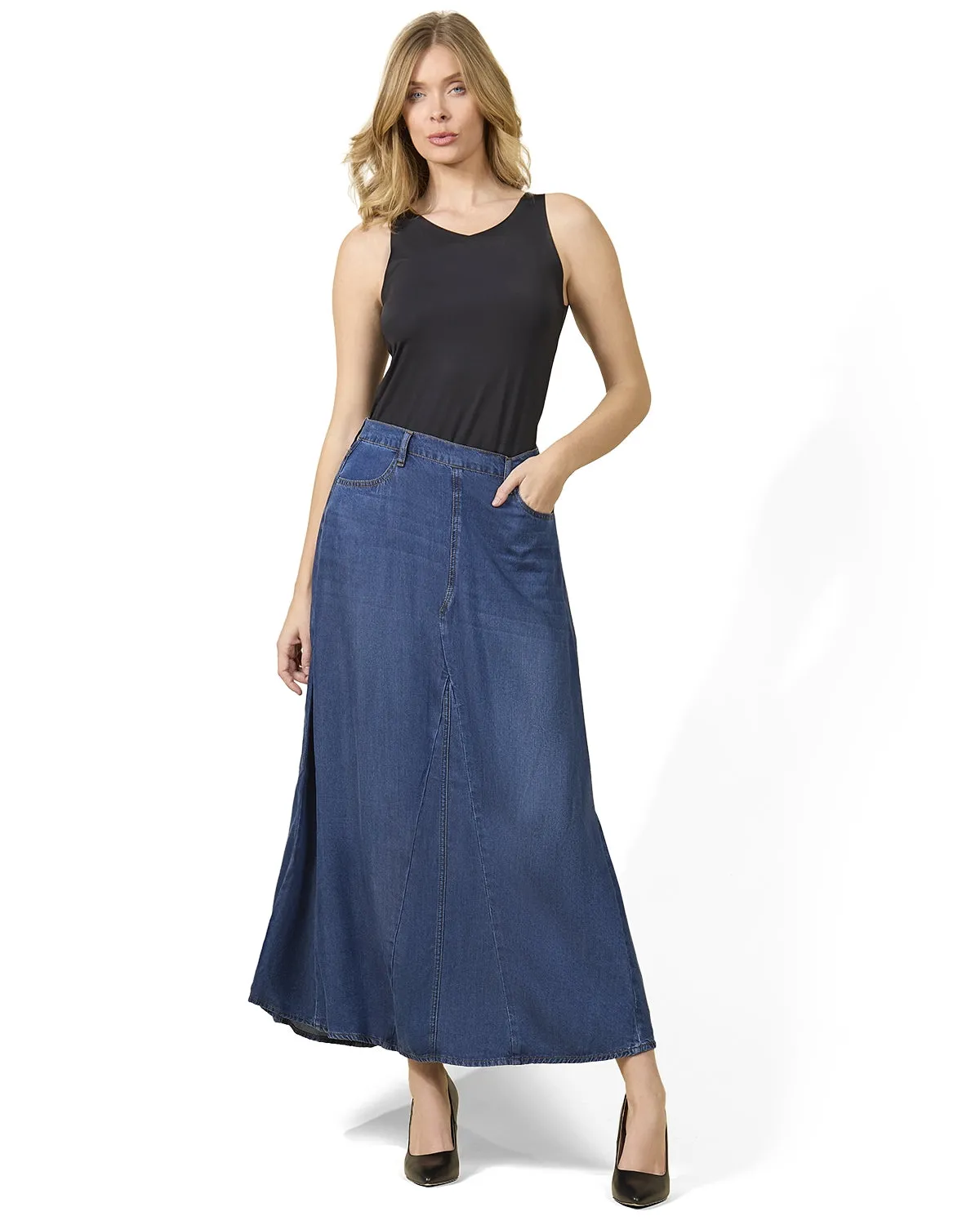 Women's Flared 4-Panel Lyocell Denim Maxi Skirt