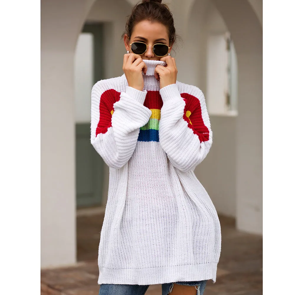 Women‘s High Collar Rainbow Stripes Knit Long Sweater