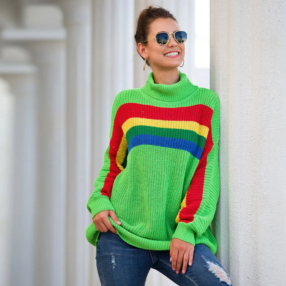 Women‘s High Collar Rainbow Stripes Knit Long Sweater