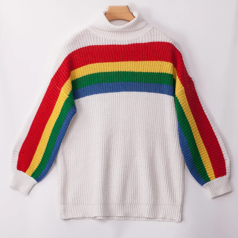 Women‘s High Collar Rainbow Stripes Knit Long Sweater