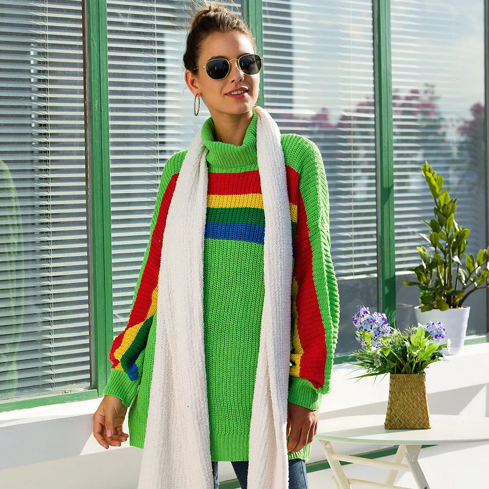 Women‘s High Collar Rainbow Stripes Knit Long Sweater
