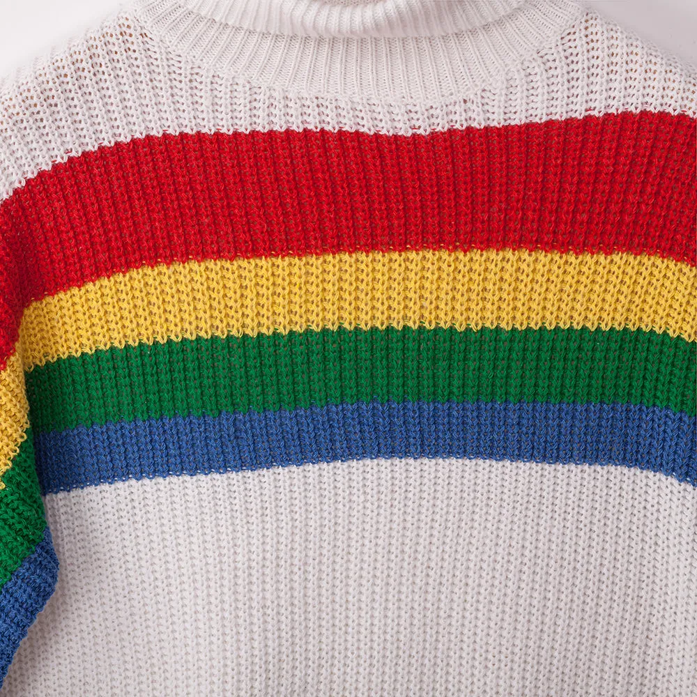 Women‘s High Collar Rainbow Stripes Knit Long Sweater