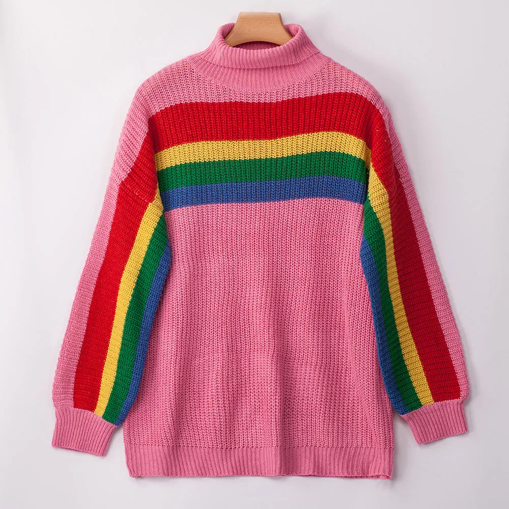 Women‘s High Collar Rainbow Stripes Knit Long Sweater