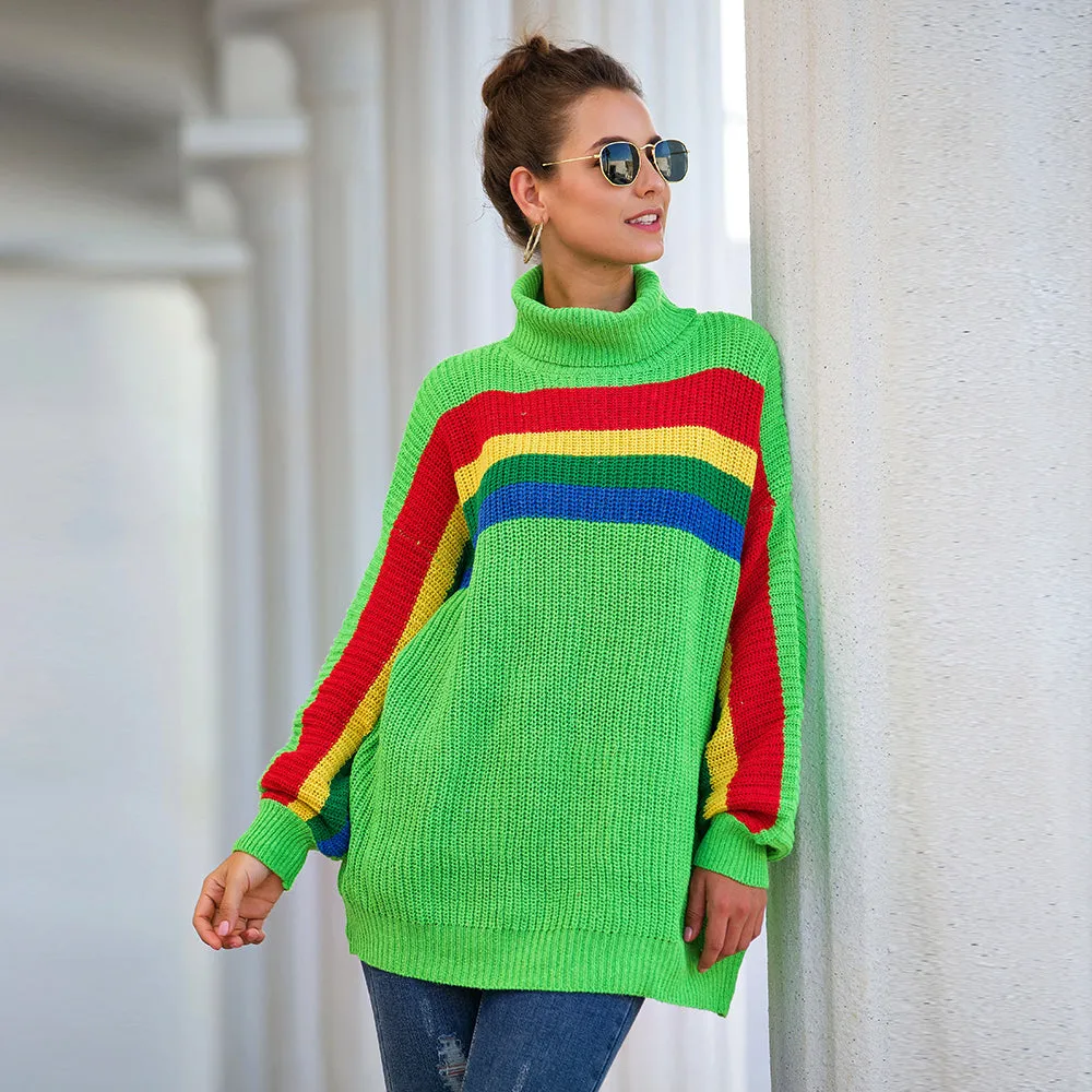 Women‘s High Collar Rainbow Stripes Knit Long Sweater