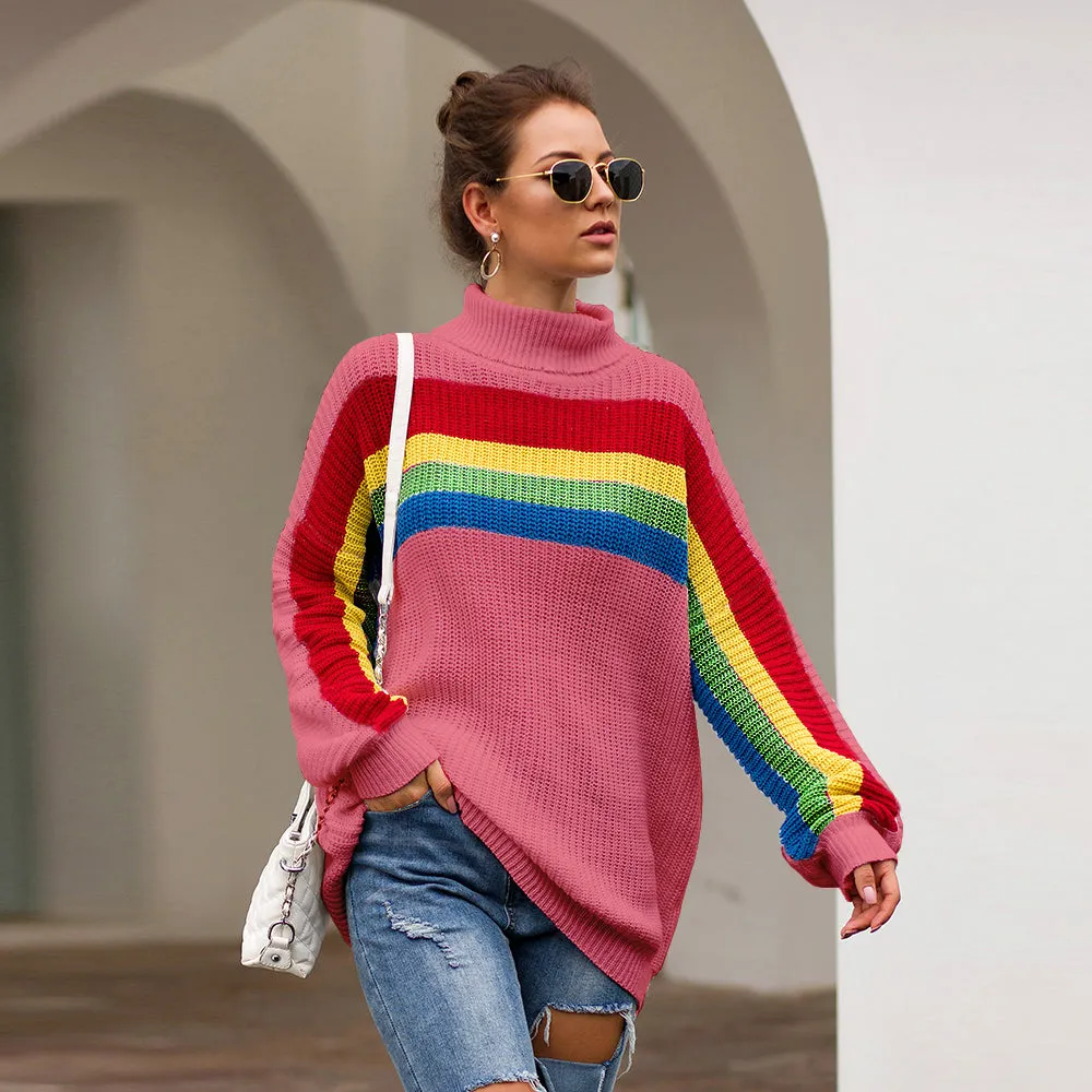 Women‘s High Collar Rainbow Stripes Knit Long Sweater