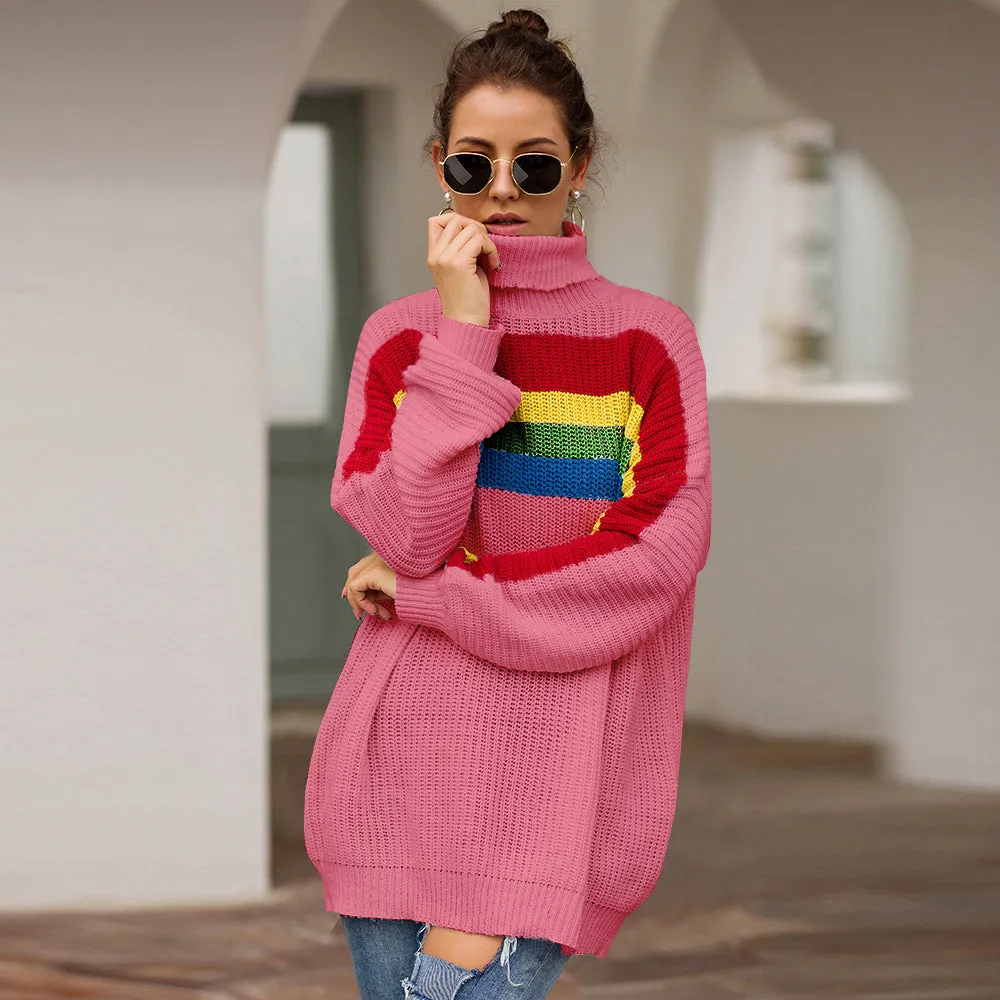 Women‘s High Collar Rainbow Stripes Knit Long Sweater