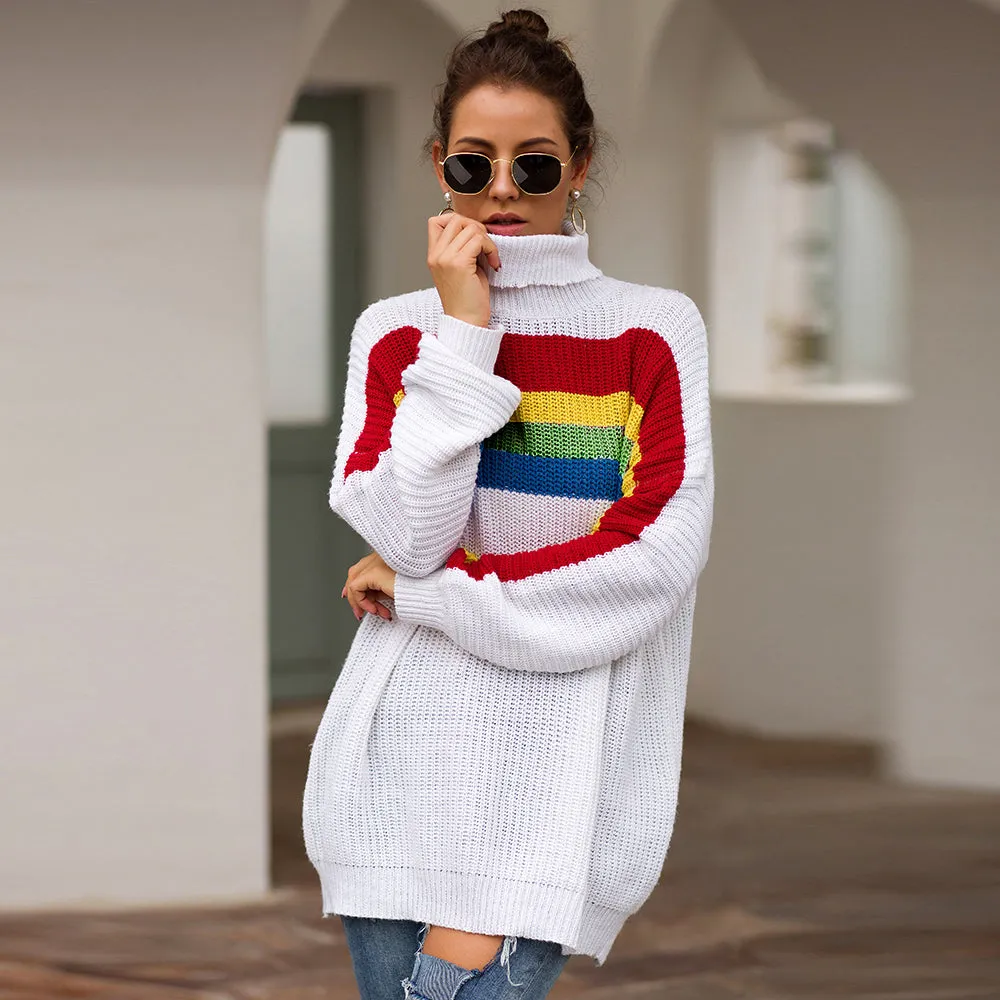 Women‘s High Collar Rainbow Stripes Knit Long Sweater