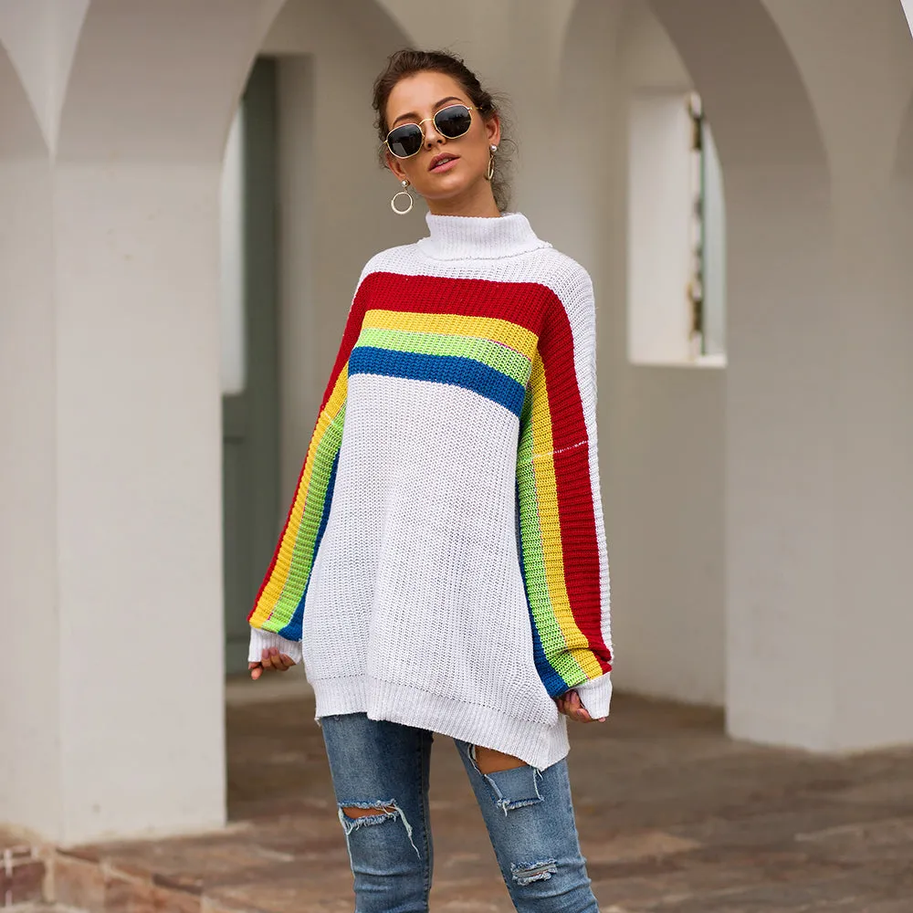 Women‘s High Collar Rainbow Stripes Knit Long Sweater