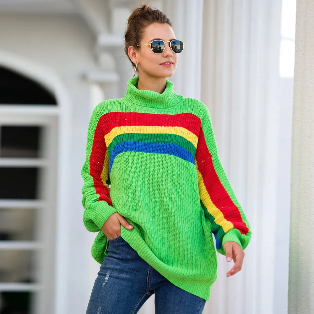 Women‘s High Collar Rainbow Stripes Knit Long Sweater