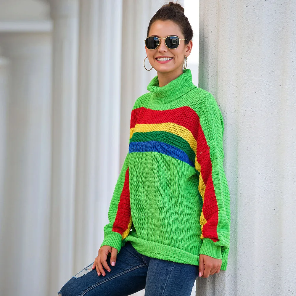 Women‘s High Collar Rainbow Stripes Knit Long Sweater