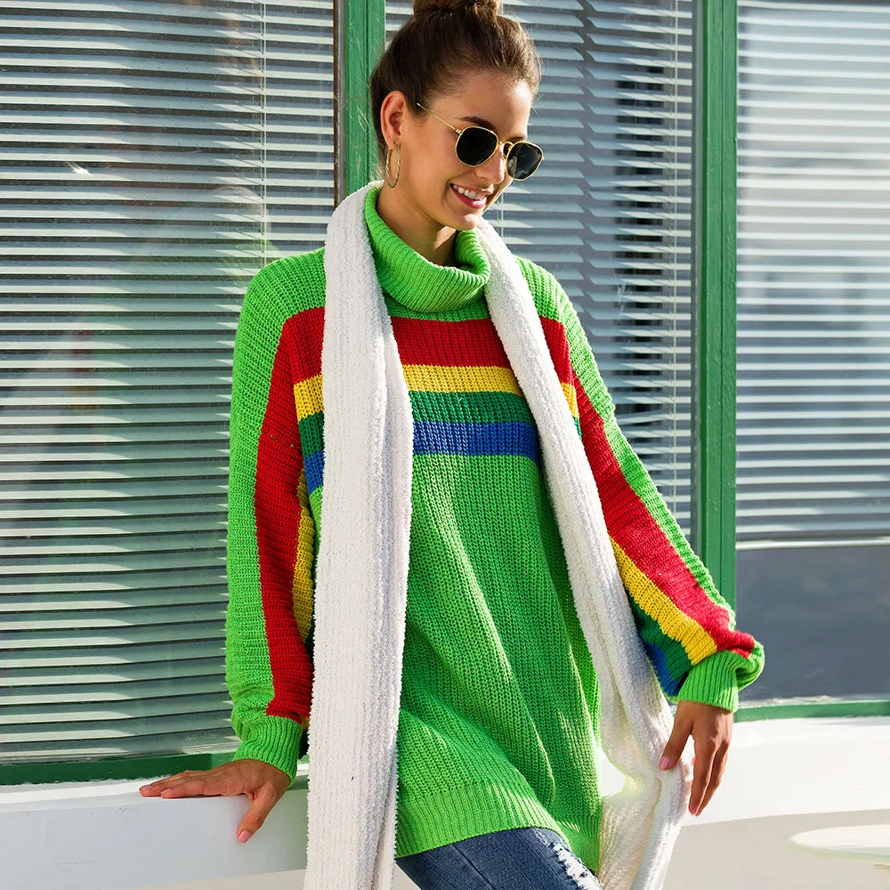 Women‘s High Collar Rainbow Stripes Knit Long Sweater