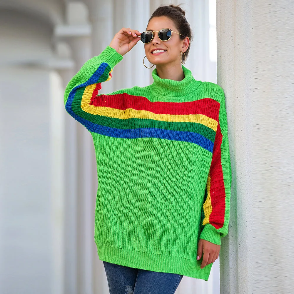 Women‘s High Collar Rainbow Stripes Knit Long Sweater