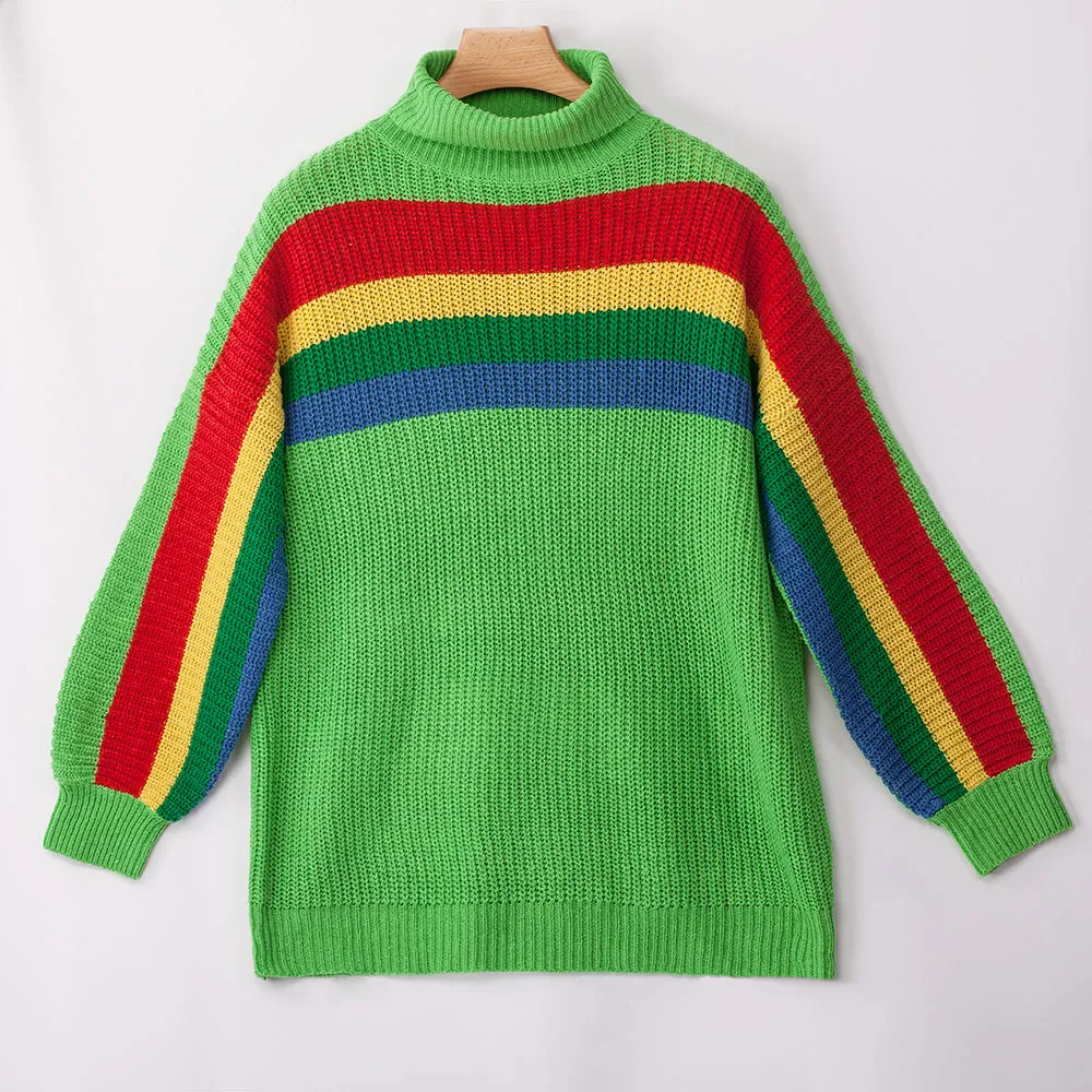 Women‘s High Collar Rainbow Stripes Knit Long Sweater