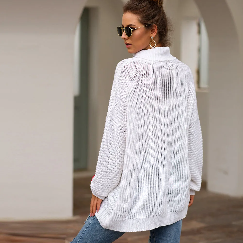Women‘s High Collar Rainbow Stripes Knit Long Sweater
