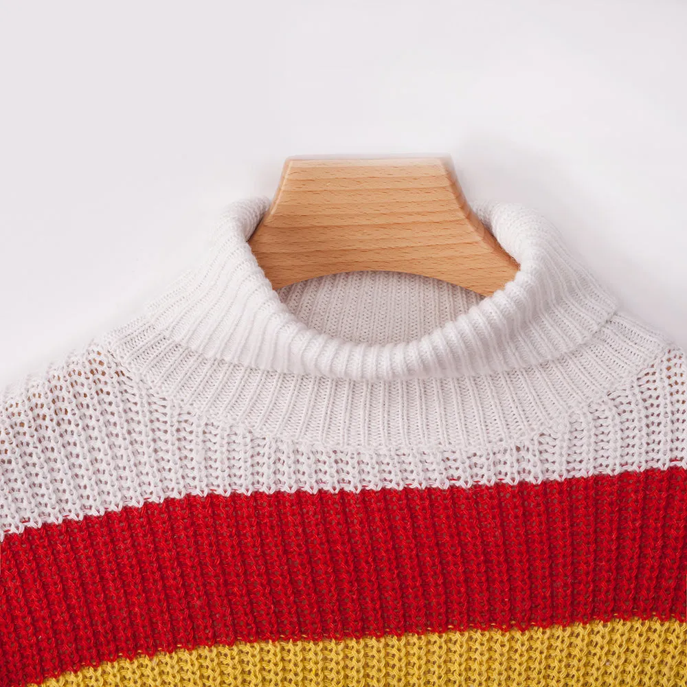 Women‘s High Collar Rainbow Stripes Knit Long Sweater