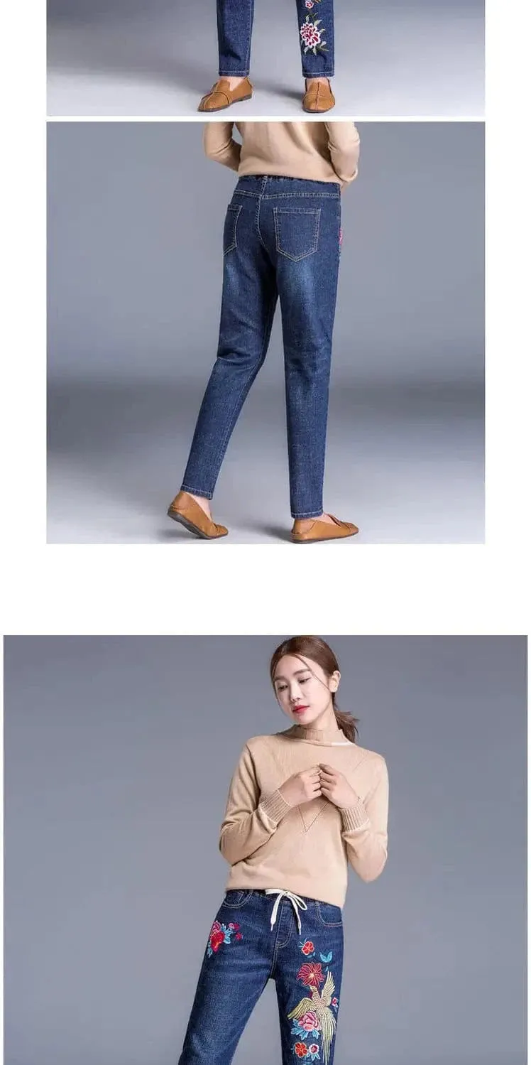 Women’s Light Blue Embroidered Jeans | High Waist Elastic Denim Pants | Straight Leg Cropped Cut Spring Trousers