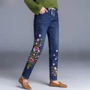 Women’s Light Blue Embroidered Jeans | High Waist Elastic Denim Pants | Straight Leg Cropped Cut Spring Trousers