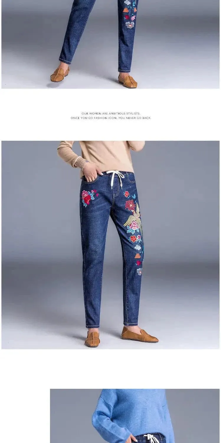 Women’s Light Blue Embroidered Jeans | High Waist Elastic Denim Pants | Straight Leg Cropped Cut Spring Trousers