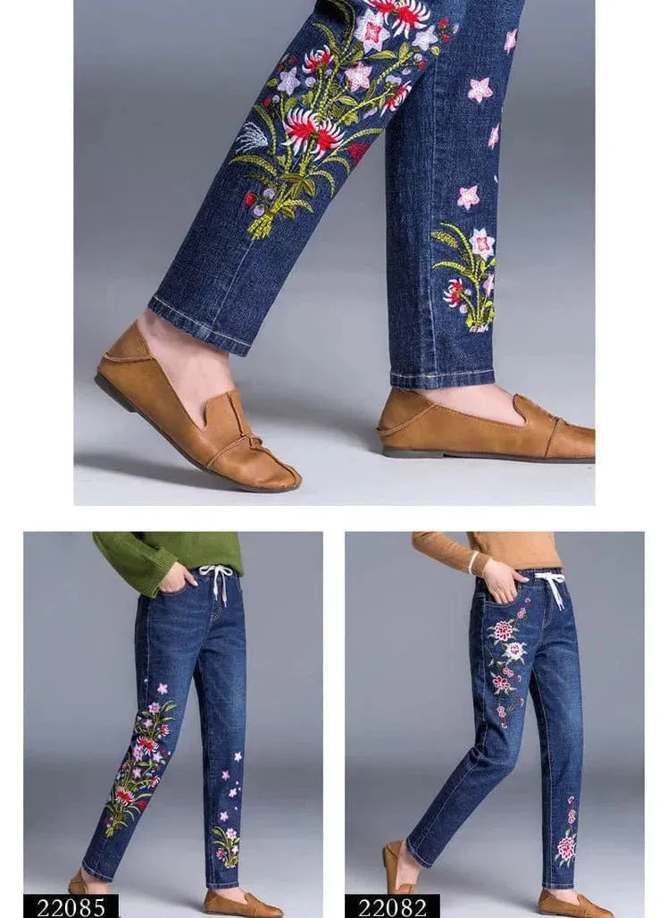 Women’s Light Blue Embroidered Jeans | High Waist Elastic Denim Pants | Straight Leg Cropped Cut Spring Trousers
