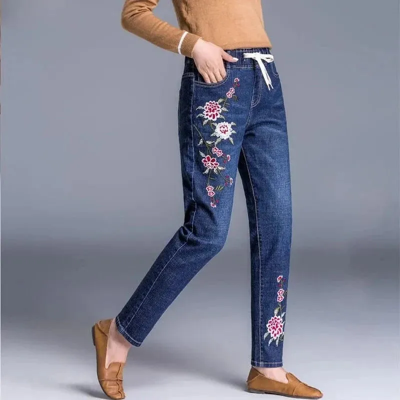 Women’s Light Blue Embroidered Jeans | High Waist Elastic Denim Pants | Straight Leg Cropped Cut Spring Trousers