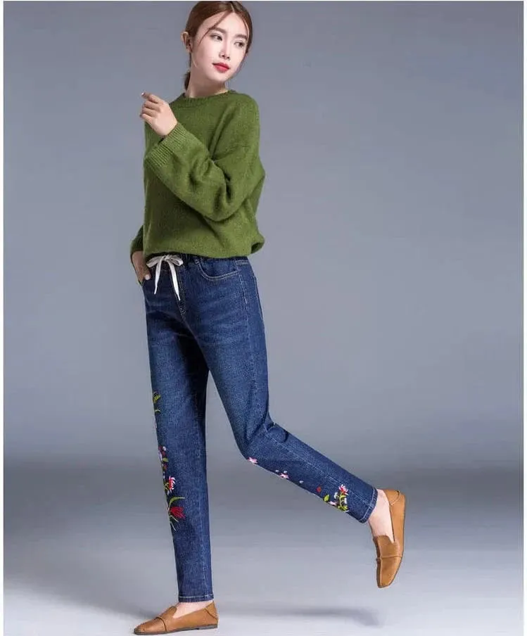 Women’s Light Blue Embroidered Jeans | High Waist Elastic Denim Pants | Straight Leg Cropped Cut Spring Trousers