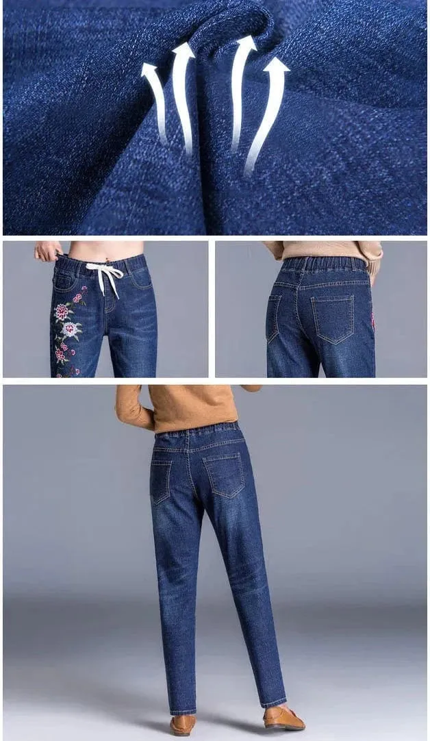 Women’s Light Blue Embroidered Jeans | High Waist Elastic Denim Pants | Straight Leg Cropped Cut Spring Trousers