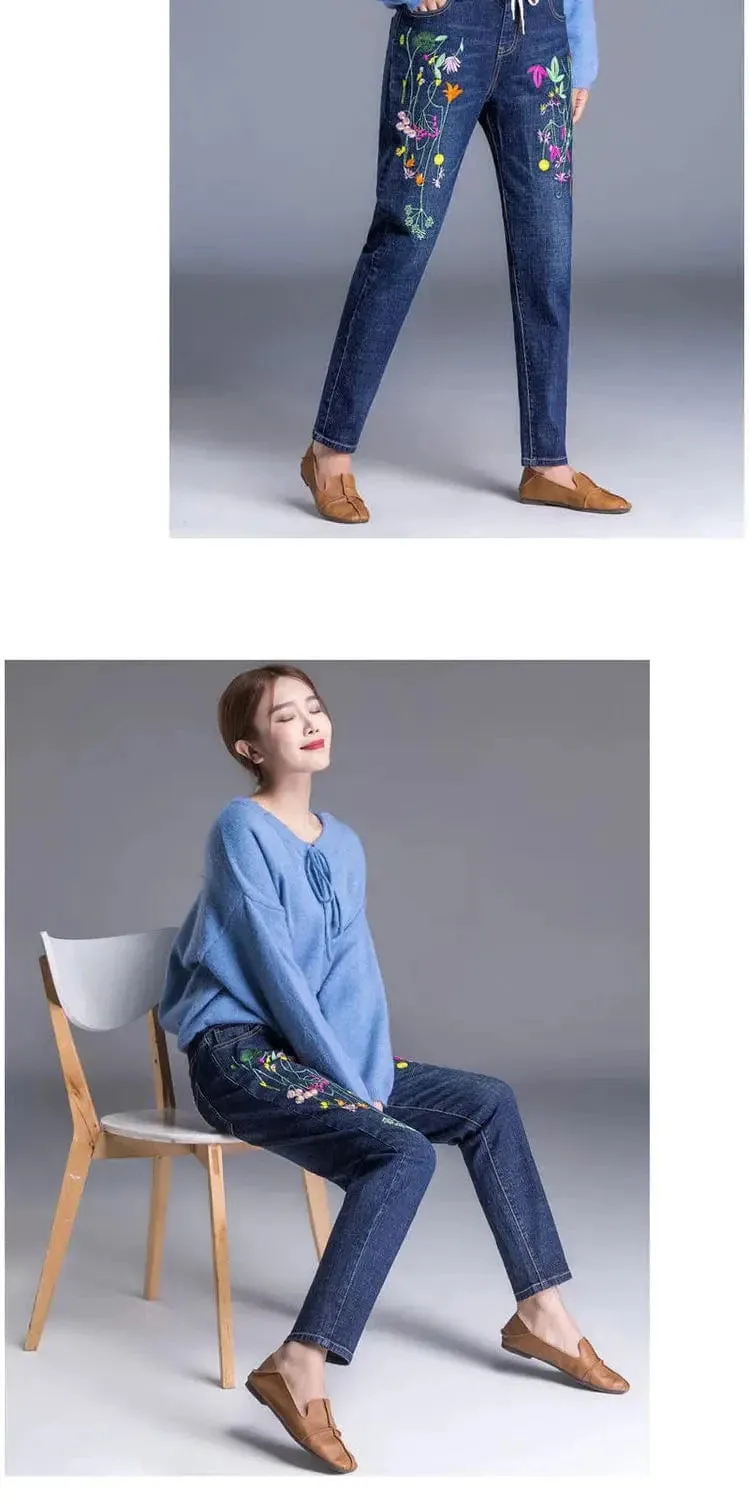 Women’s Light Blue Embroidered Jeans | High Waist Elastic Denim Pants | Straight Leg Cropped Cut Spring Trousers