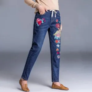 Women’s Light Blue Embroidered Jeans | High Waist Elastic Denim Pants | Straight Leg Cropped Cut Spring Trousers