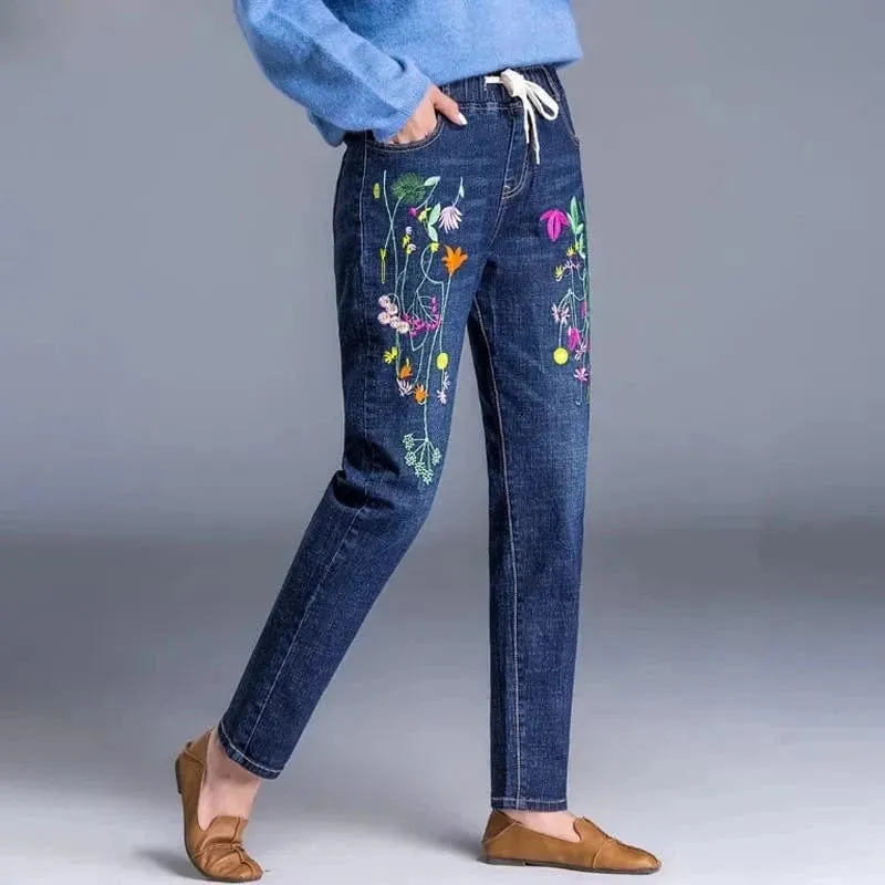 Women’s Light Blue Embroidered Jeans | High Waist Elastic Denim Pants | Straight Leg Cropped Cut Spring Trousers