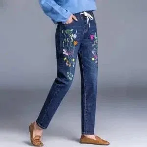 Women’s Light Blue Embroidered Jeans | High Waist Elastic Denim Pants | Straight Leg Cropped Cut Spring Trousers