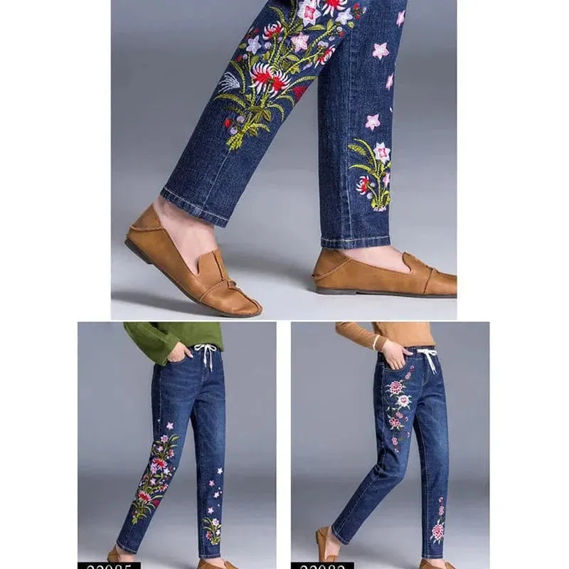 Women’s Light Blue Embroidered Jeans | High Waist Elastic Denim Pants | Straight Leg Cropped Cut Spring Trousers