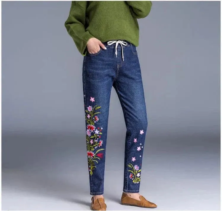 Women’s Light Blue Embroidered Jeans | High Waist Elastic Denim Pants | Straight Leg Cropped Cut Spring Trousers