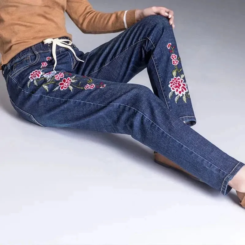 Women’s Light Blue Embroidered Jeans | High Waist Elastic Denim Pants | Straight Leg Cropped Cut Spring Trousers