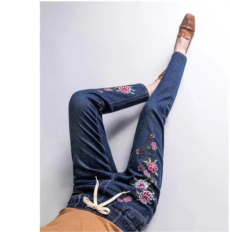 Women’s Light Blue Embroidered Jeans | High Waist Elastic Denim Pants | Straight Leg Cropped Cut Spring Trousers