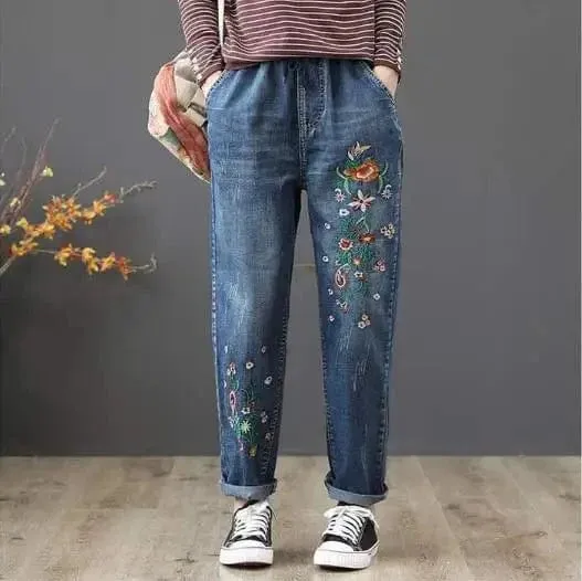 Women’s Light Blue Embroidered Jeans | High Waist Elastic Denim Pants | Straight Leg Cropped Cut Spring Trousers
